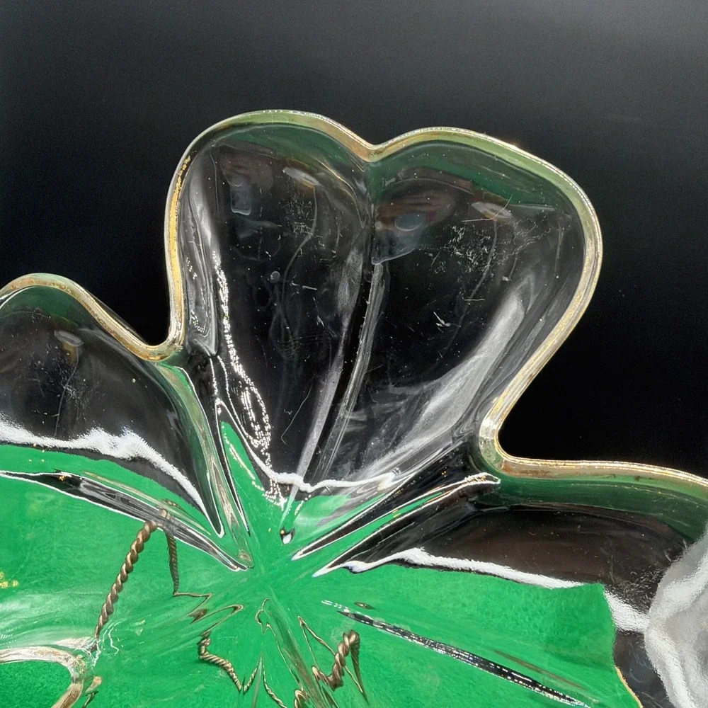 Jeannette Clear Glass w/ Gold Trim: 4-Leaf Clover Divided Relish Dish